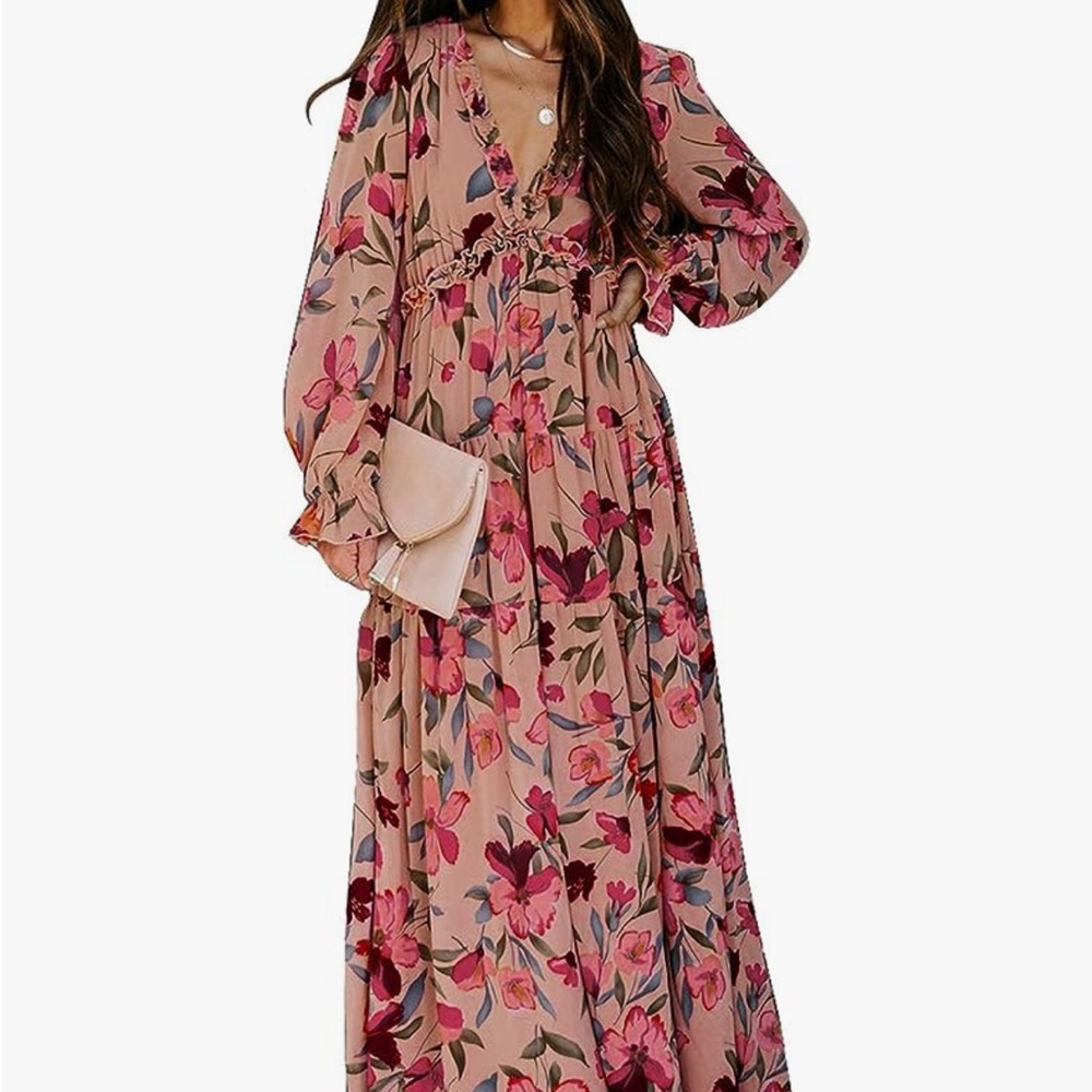 Amazon Women's Floral Maxi Dress - Red and Tan